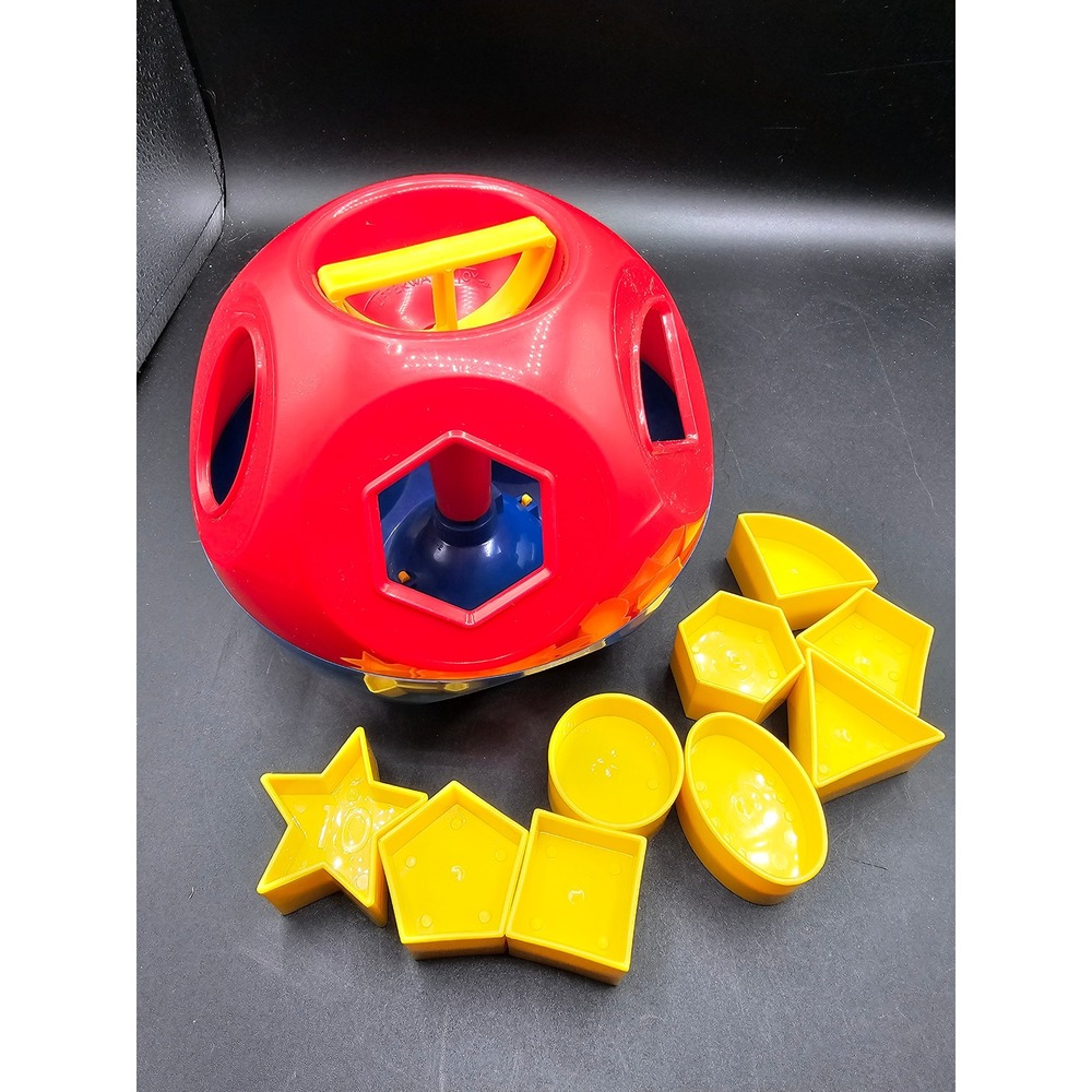 Vintage Tupperware Shape O Toy Red Blue Ball Sorter with 9 Yellow Shapes